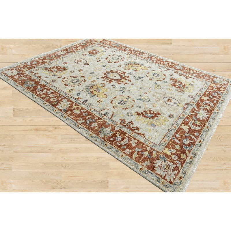 Beige Wool Rug Hand Knotted by LoomBloom Traditional Turkish Oushak - 7' 11'' x 9' 10''