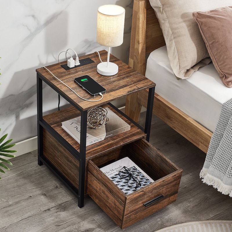 Bedroom Set of 3 Wood Headboard Platform Bed Frame Set of 2 Nightstands with Charging Station USB Port