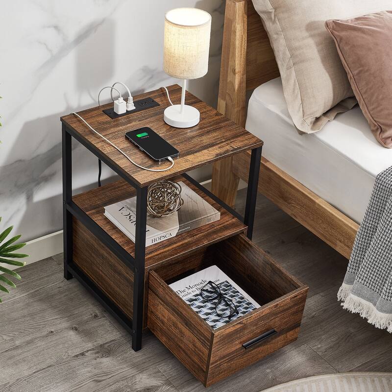 VECELO Nightstand Set of 1/2, Modern Square Side End Table, Living Room, Study Metal Frame