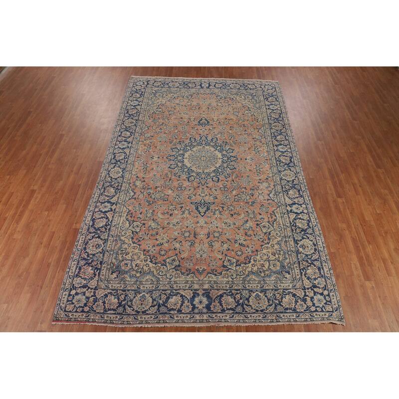 Traditional Orange Kashan Persian Vintage Rug Hand-Knotted Wool Carpet - 8'3"x 13'0"
