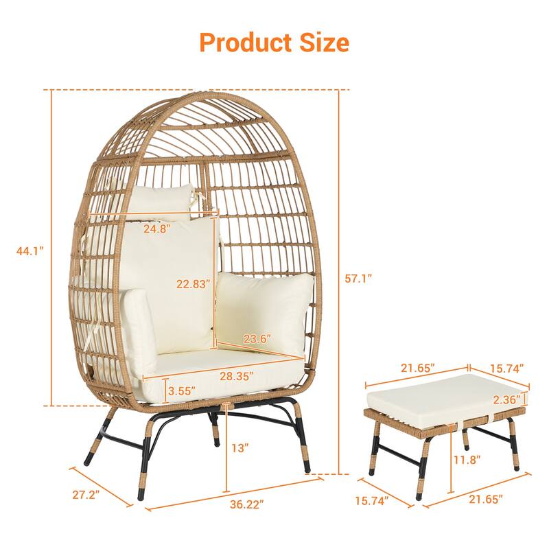 Luxury All-Weather Egg Chair with Ottoman, Oversized Rattan Hanging Chair for Patio, Balcony & Backyard