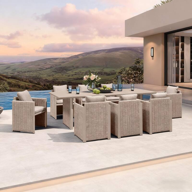 PURPLE LEAF Sanori Patio Dining Set Modern Large Weather-Resistant Table and Aluminum Chairs Beige for Garden Backyard Kitchen - 9-Piece Rectangle