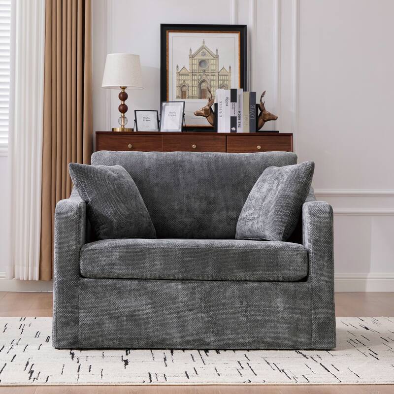 45.27" W Modern Chenille Armchair with Metal Legs, Upholstered Accent Chair with 2 Bolster Pillows for Living Room & Office