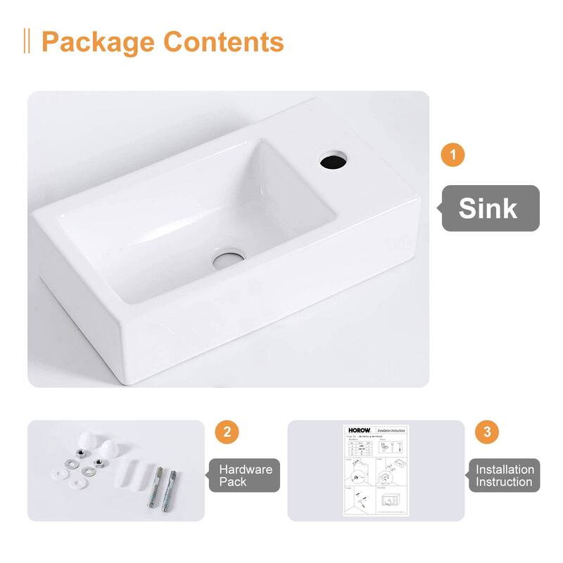 HOROW White Ceramic Right Hand Wall-Mounted Rectangular Vessel Sink in Porcelain - N/A