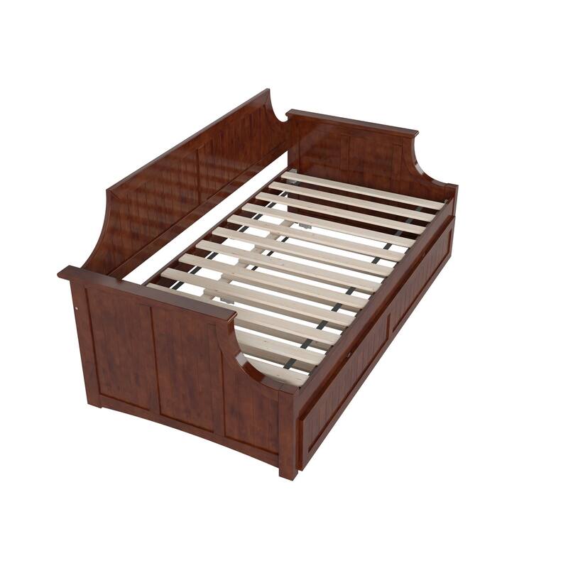 Twin Daybed with Trundle - Wood Frame Daybed for Living Room, Bedroom, Guest Room - Walnut Finish