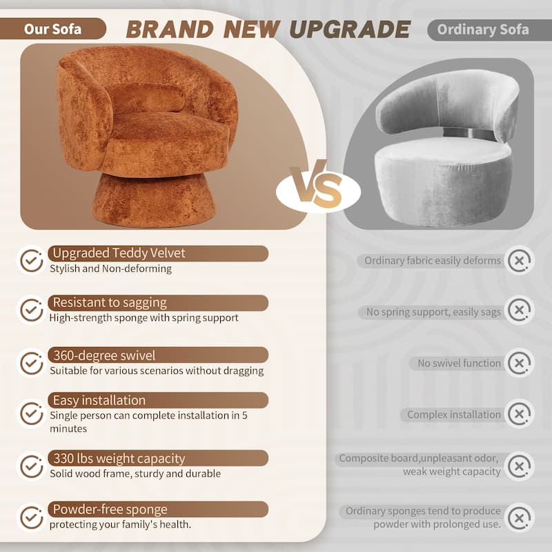 360° Swivel Accent Chair, Round Barrel Upholstered Armchair with Lumbar Cushion