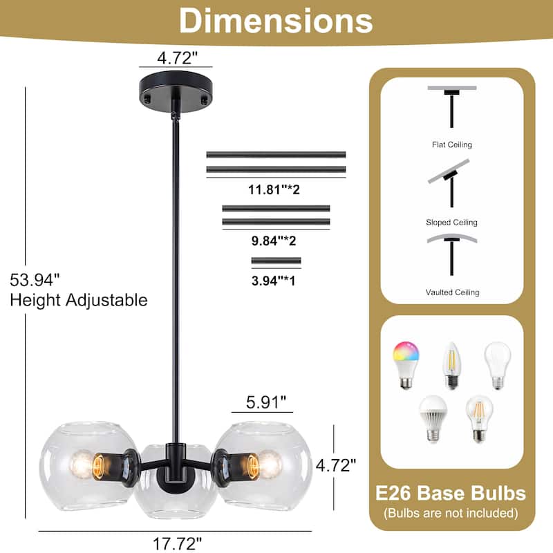 Starsky 3-Light Modern Clear Glass Sputnik Chandelier