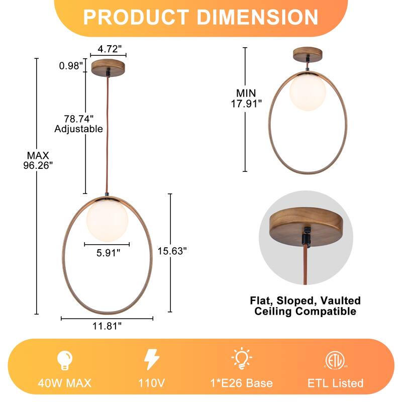 12-in Modern Wood Pendant Light Opal Glass Globe Kitchen Hanging Lamp - Dia.12-in