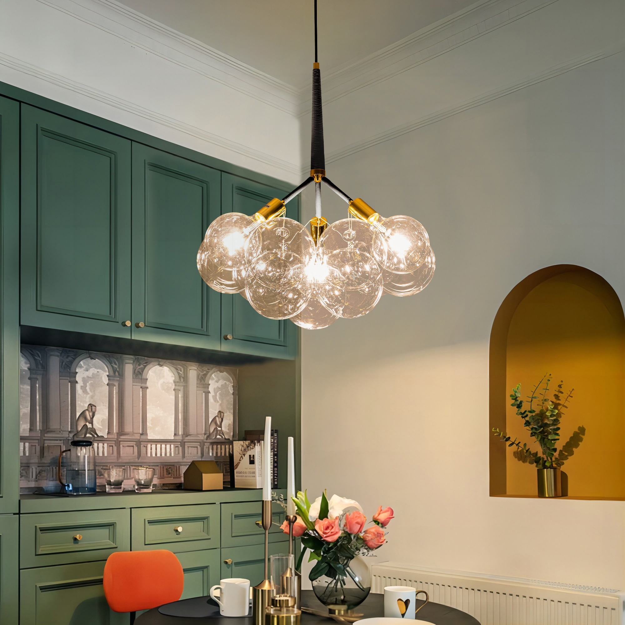 Rennnsan 3-Light Modern Glam Black&Gold Cluster Glass Globe Bubble Chandelier with LED Bulbs Included