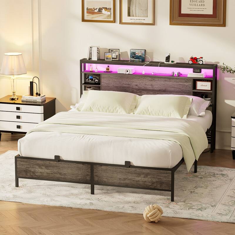 Bed Frame with Charging Station and RGB LED Lights, Sturdy Platform Bed with Storage Headboard,