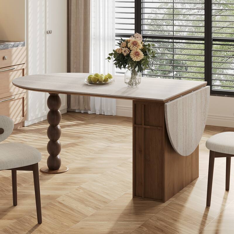 71" Extendable Oval Dining Table For 4-6, Modern Kitchen Table With Travertine Sintered Stone Top & Storages, Beige