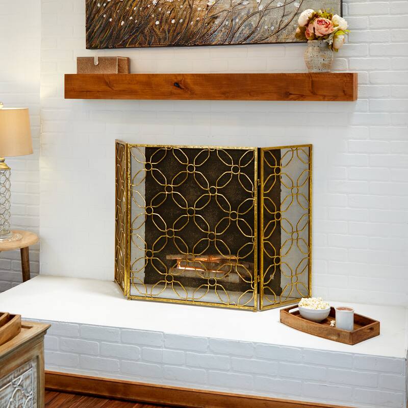 Gold Metal Foldable Mesh Netting 3 Panel Geometric Fireplace Screen - Gold