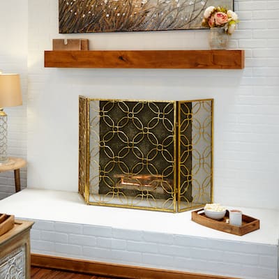 Gold Metal Foldable Mesh Netting 3 Panel Geometric Fireplace Screen