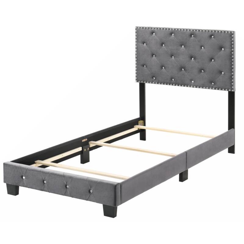 Gray Velvet Platform Bed with Nailhead Trim, Twin Size