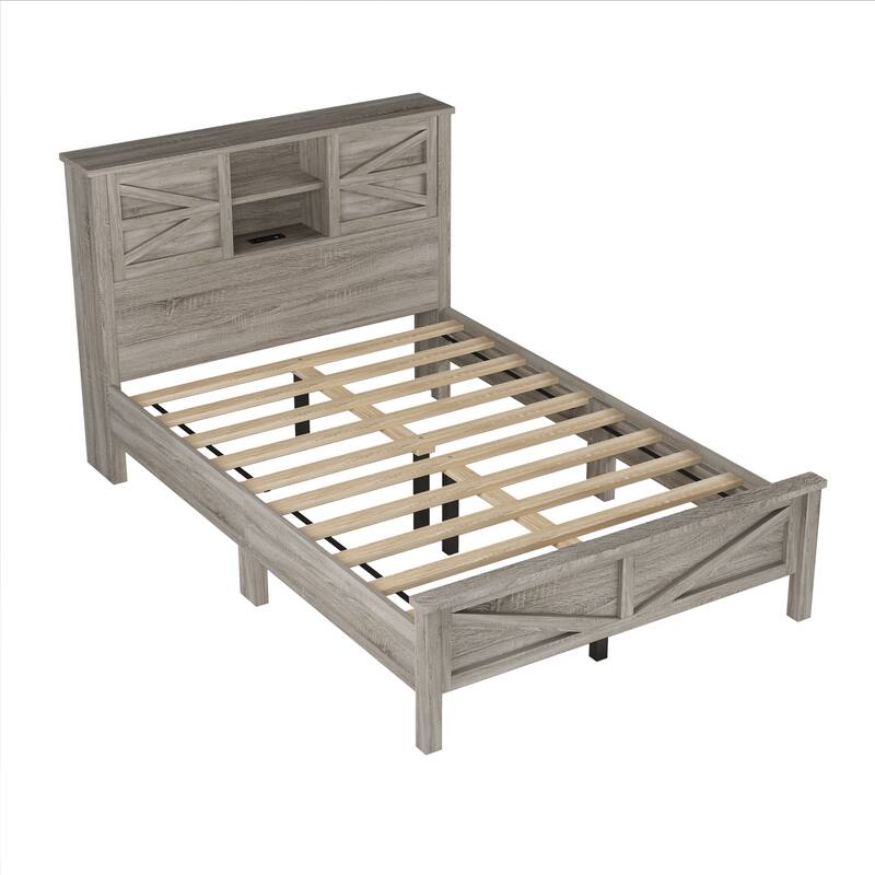 Double Sliding Barn Door Storage Headboard Wood Platform Bed Frame, Charging Station Bookcase Bed, Low Profile Bed