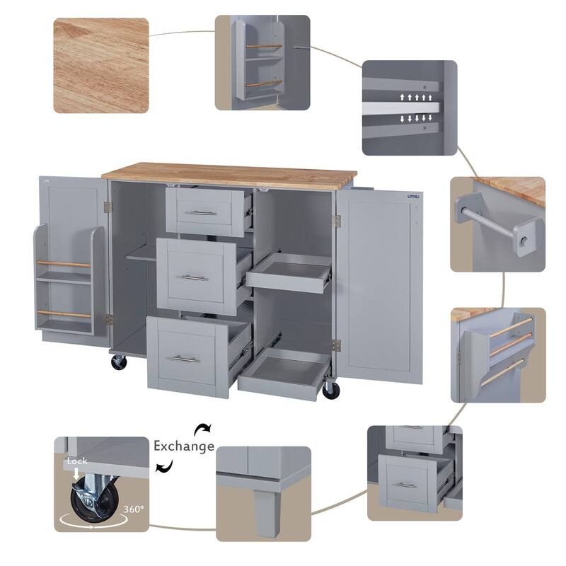 Rubberwood Kitchen Cart with Internal Storage Rack, Spice Rack, 2 Slide-Out Shelf, and 3 Drawer