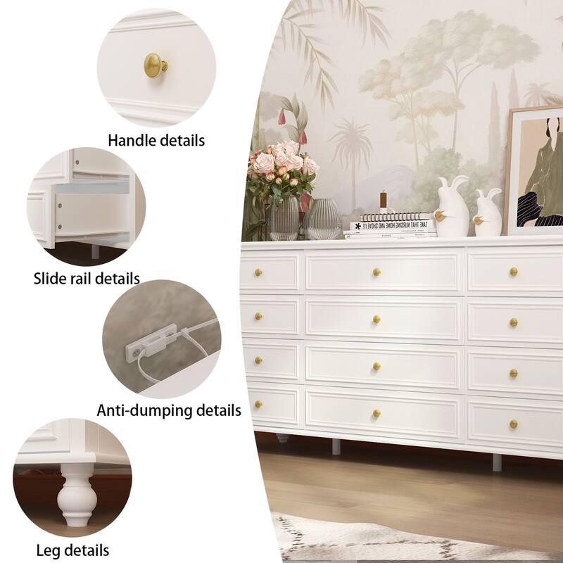 63" Wide 9/12 Drawer Dresser for Bedroom, Modern Farmhouse Double Dresser with Gold Knobs, Large Storage Chest