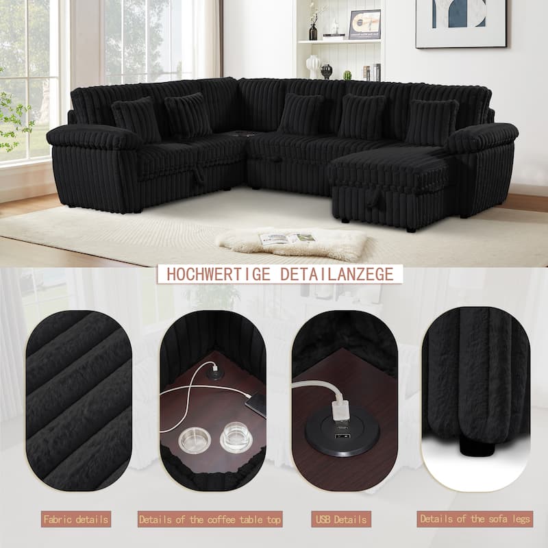 U-Shaped Corduroy Sectional Sofa with Storage Chaise & Pull-Out Bed, Upholstered Corner Sofa with Cup Holder & USB Port