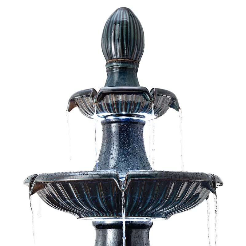 Glitzhome 45"H Oversized 3-Tier Pedestal Lotus Ceramic Resin Outdoor LED Fountains