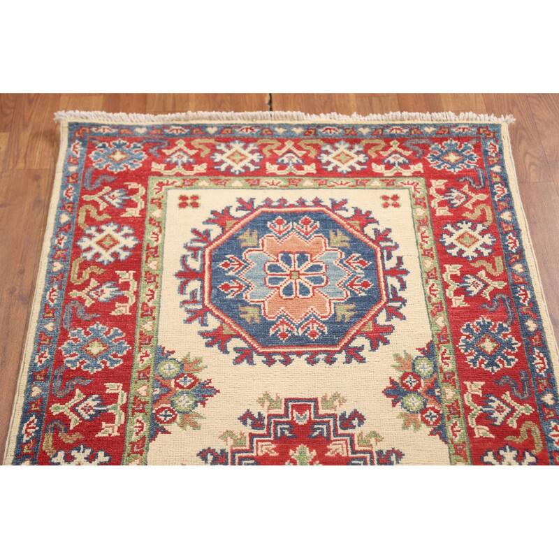 Geometric Beige Kazak Oriental Runner Rug Handmade Wool Carpet - 2'7" x 35'3"