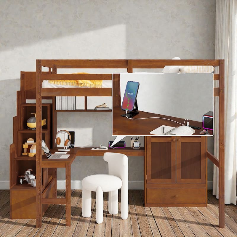 Full Size Wood Loft Bed with Desk, Wardrobe and Storage Staircase, USB Charging Station, Safety Guardrails