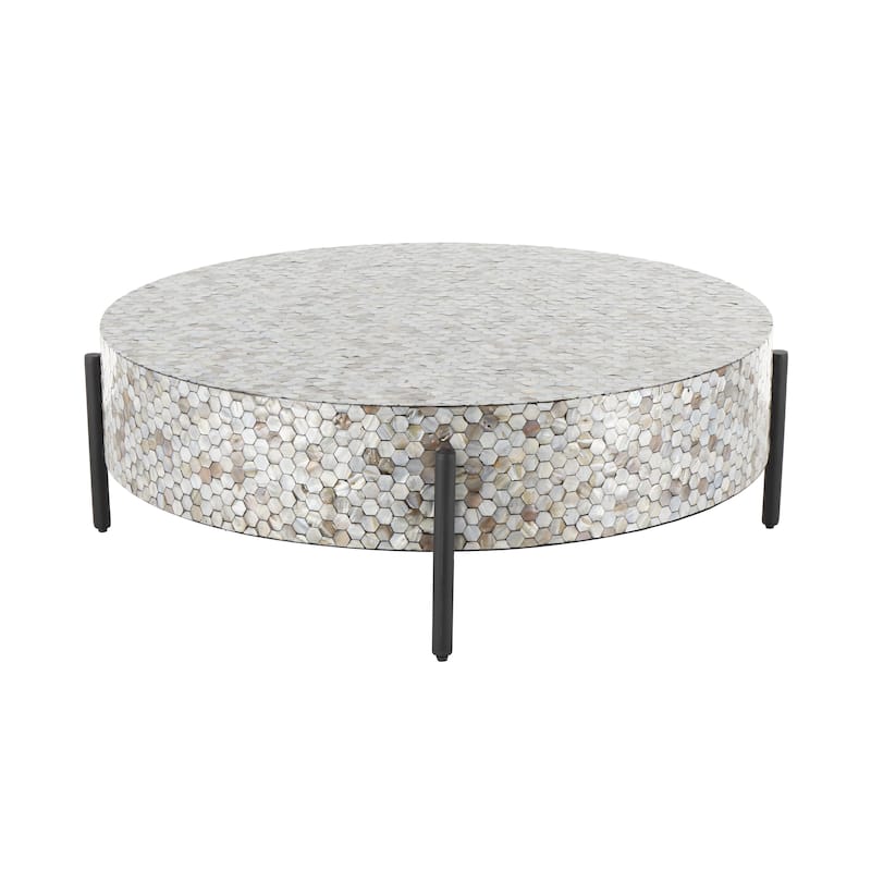 Mother of Pearl Shell Geometric Handmade Round Mosaic Inlay Coffee Table with Black Metal Legs - Roche River Decor