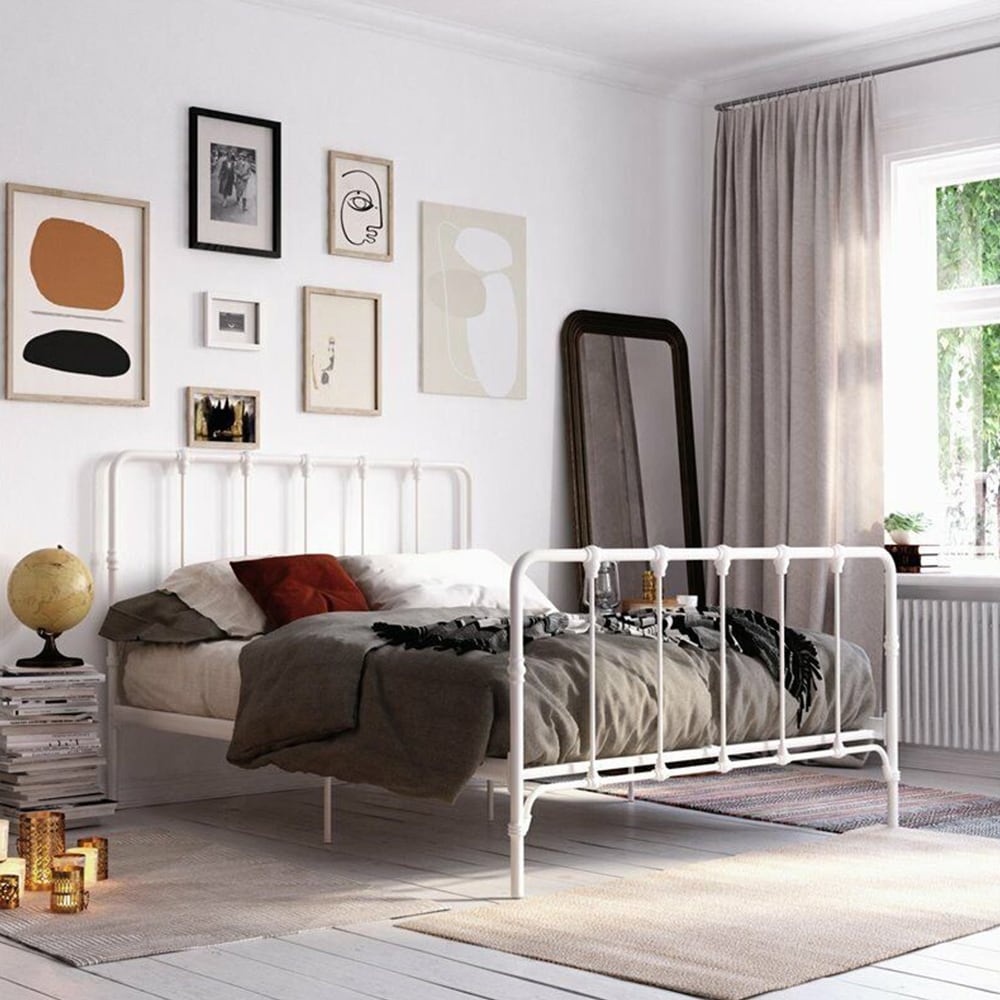 Queen Frame Metal Bed with Under Bed Storage White Bed Bath