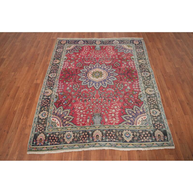 Hand Knotted Oriental 100% Wool Carpet Traditional Floral Pink Tabriz Area Rug - 5' 8'' X 4' 8''
