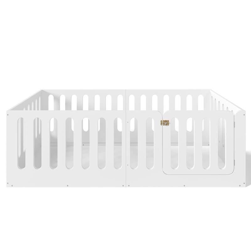 Twin Size Floor Bed with High Fence for Kids, Solid Wood Kids Montessori Bed with Door, No Box Spring Needed Design