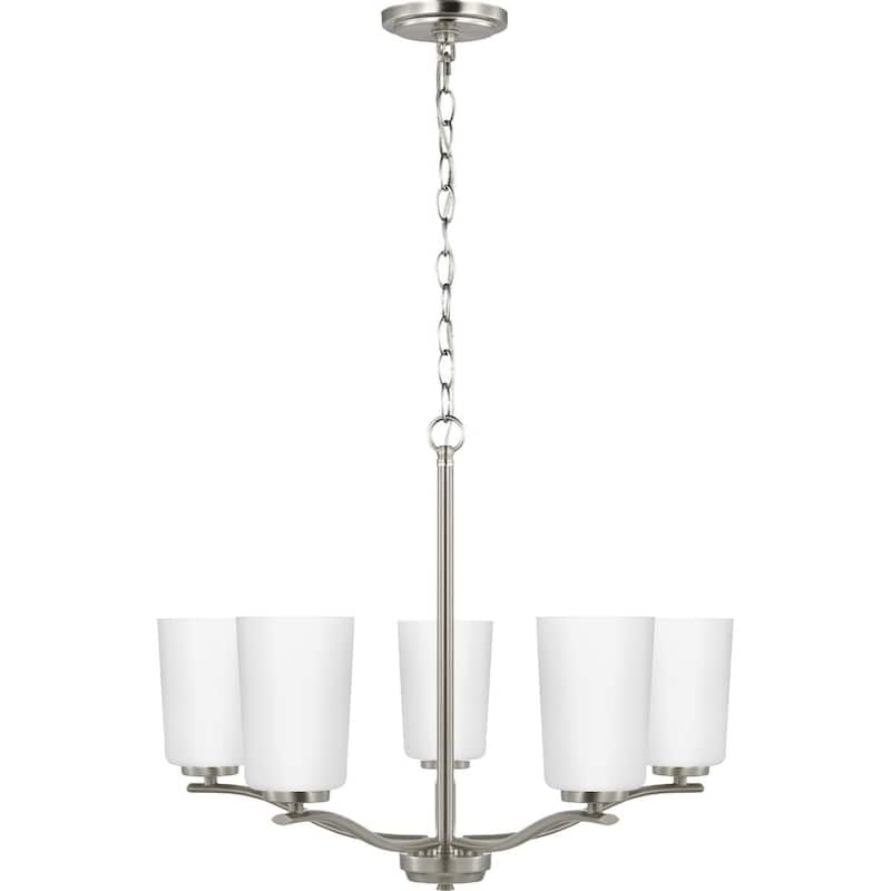 Adley Collection Five-Light Brushed Nickel Etched White Opal Glass New Traditional Chandelier - 22.87 in x 22.87 in x 17.25 in
