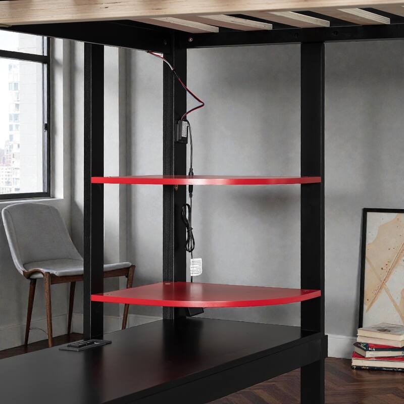 Full Size Wood Loft Bed with Desk, Open Wardrobe and Shelves, RGB LED Light, USB Ports and Power Outlets