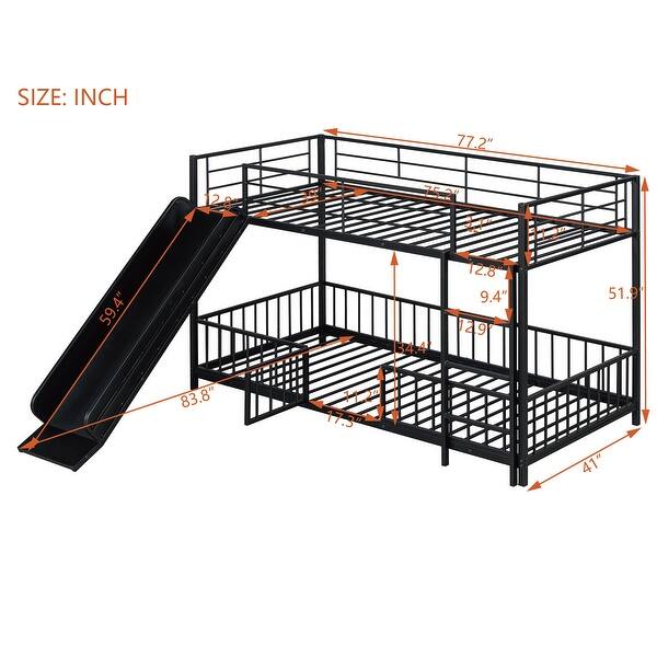 Black Twin over Twin Size Metal Bunk Bed with Slide and Guardrails for Kids' Rooms