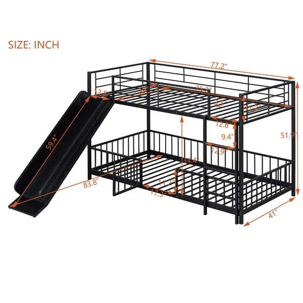 dimension image slide 1 of 4, Versatile Metal Bunk Bed with Slide & Ladder, Heavy Duty Low Bunk Beds with Safety Guardrail & Small Door for Girls Boys