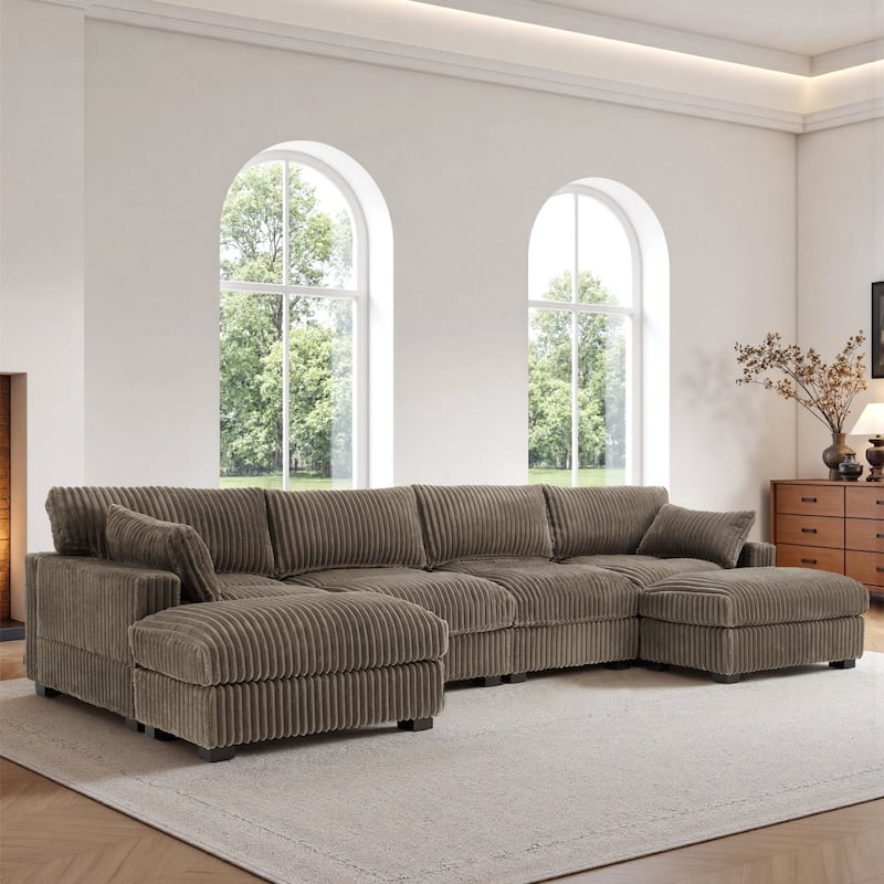 Modern Oversized Plush Corduroy Modular Sectional Sofa with 2 Ottomans - Light Brown-6 Pieces - Symmetrical