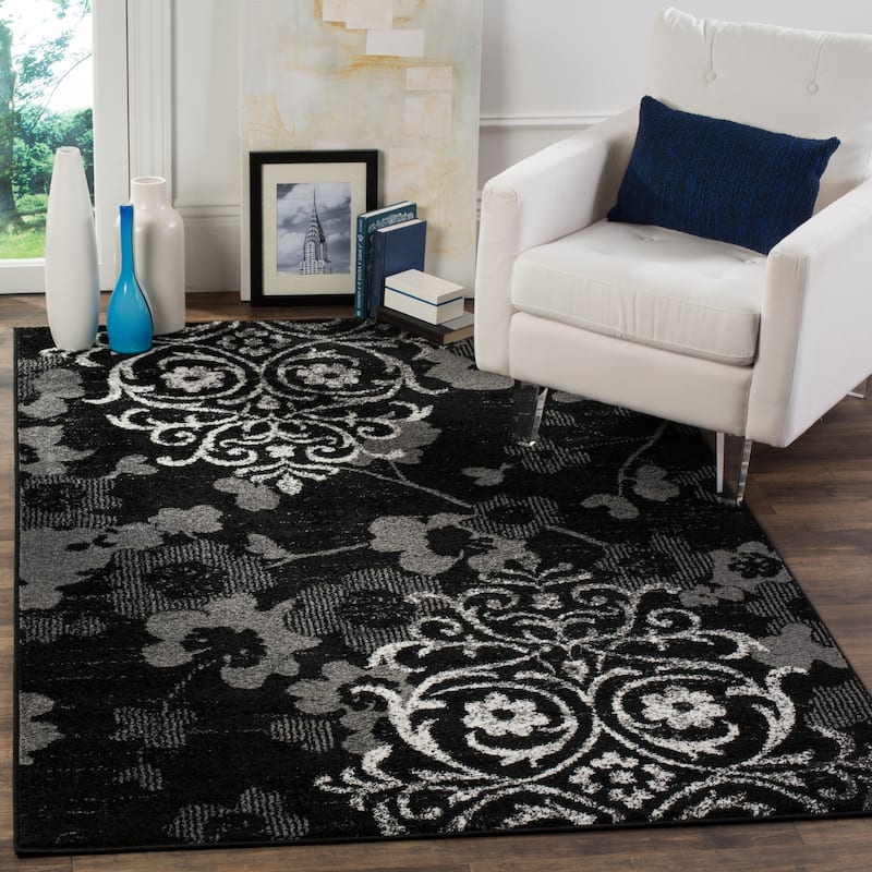 SAFAVIEH, Adirondack Rena Damask Floral Distressed Rug - 5'1" x 7'6" - Black/Silver
