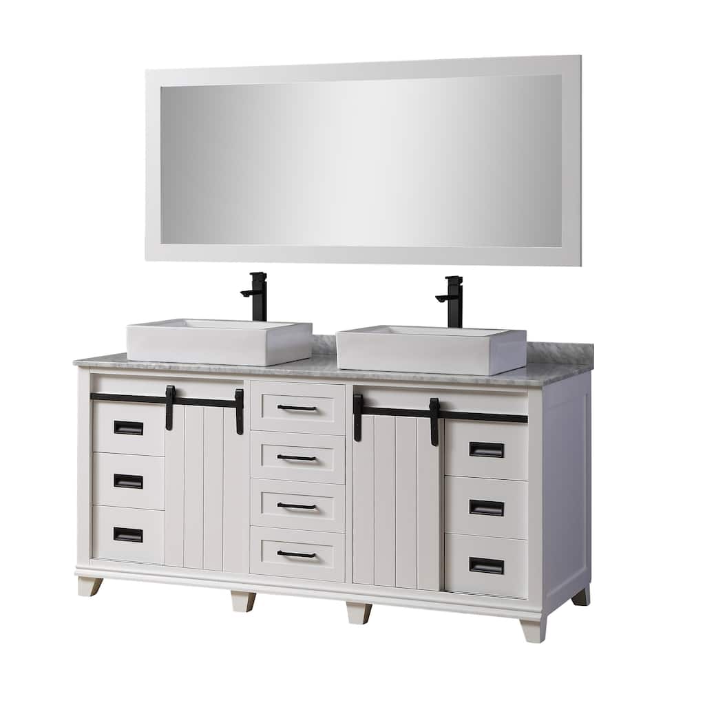 Chanceton 72 in. Vanity in White with White Carrara Marble Top with Vessel Sinks and 1 Large Mirror