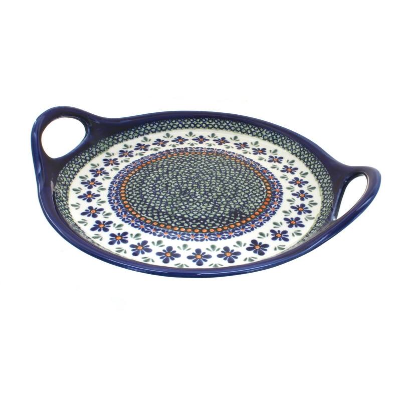 Blue Rose Polish Pottery 1333 Zaklady Round Serving Tray with Handles - Mosaic Flower