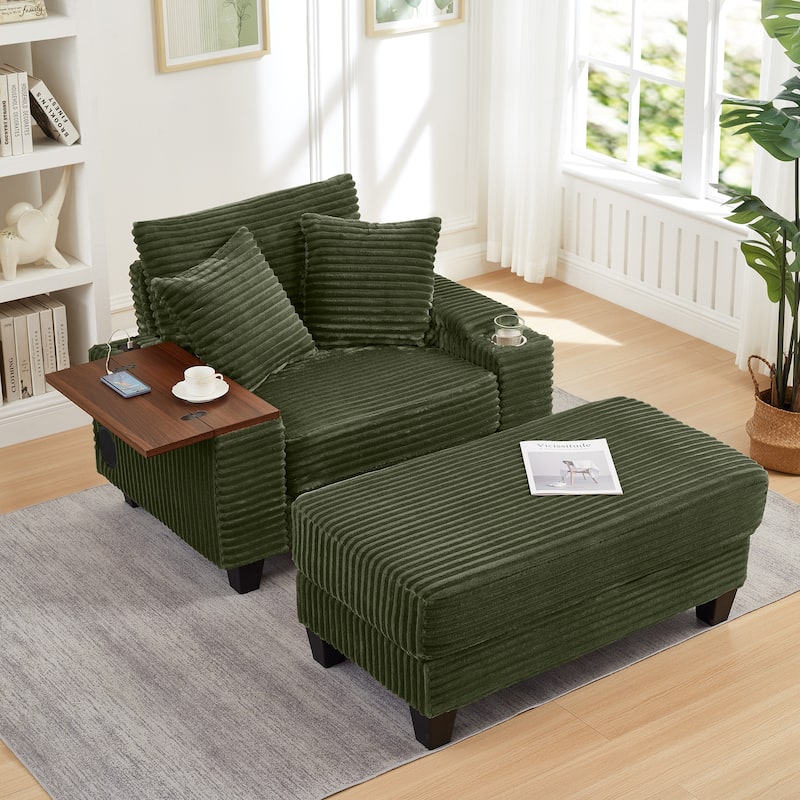 Versatile Chaise Lounge Single Sofa Chair with Ottoman, Swivel Table, Storage Armrest, Cup Holder, Bluetooth Speaker and USB - Green