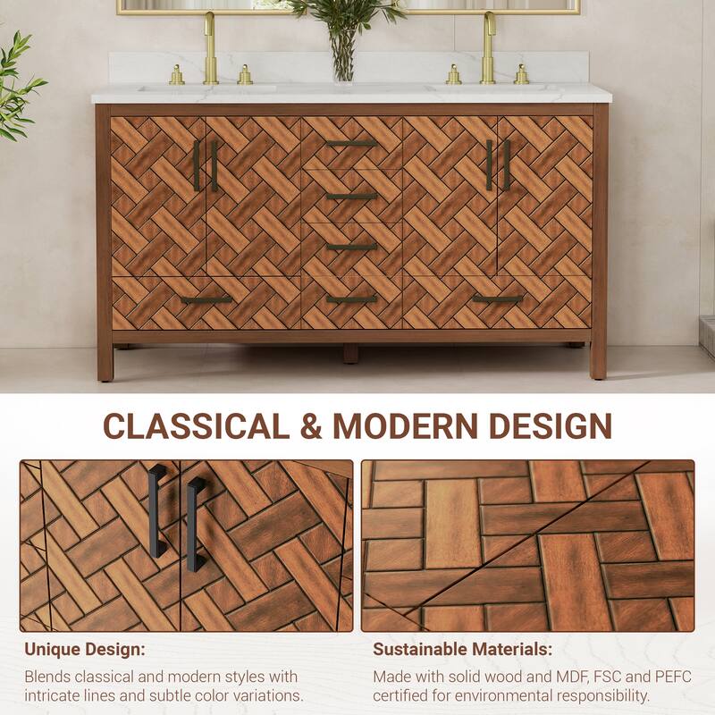 60" Freestanding Bathroom Vanity with Engineered Stone Top, Ceramic Double-Sink, Built-In Power Outlet, and Hair Dryer Storage