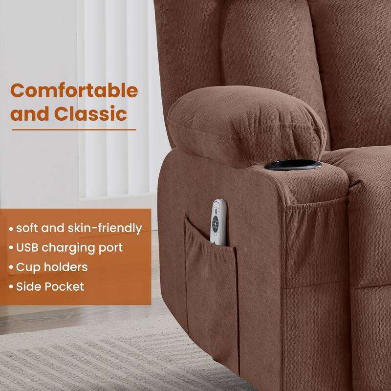 Swivel Rocker Recliner with Vibration Massage Heat USB Port Cup Holders