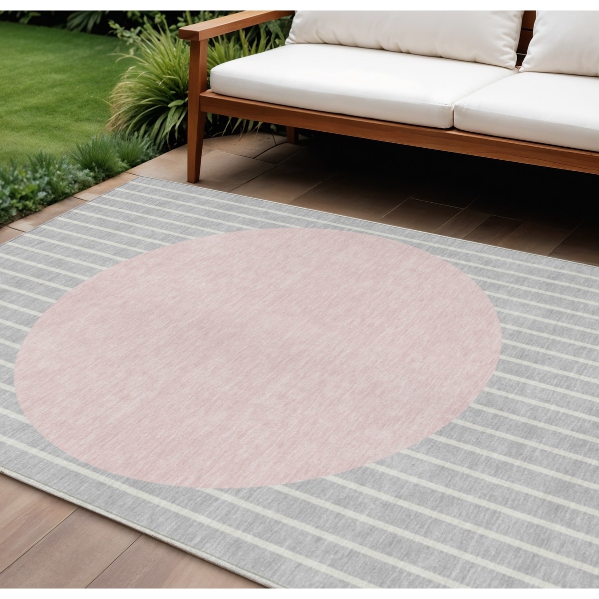 9' X 12' Silver And Pink Striped Washable Indoor Outdoor Area Rug - 9' x 12'