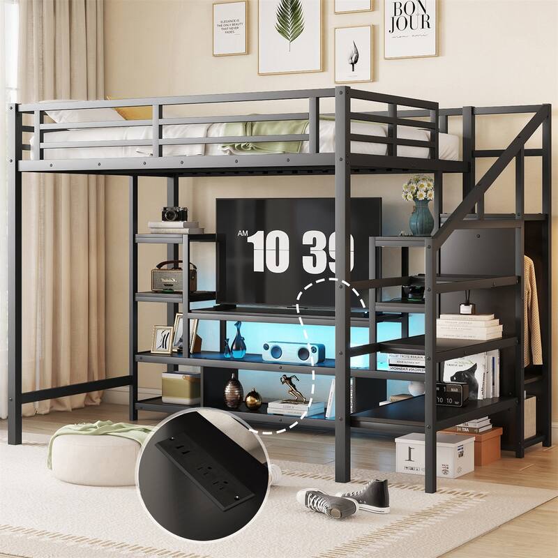 Full Size Metal Loft Bed with TV Cabinet and Staircase, Wardrobe - Black