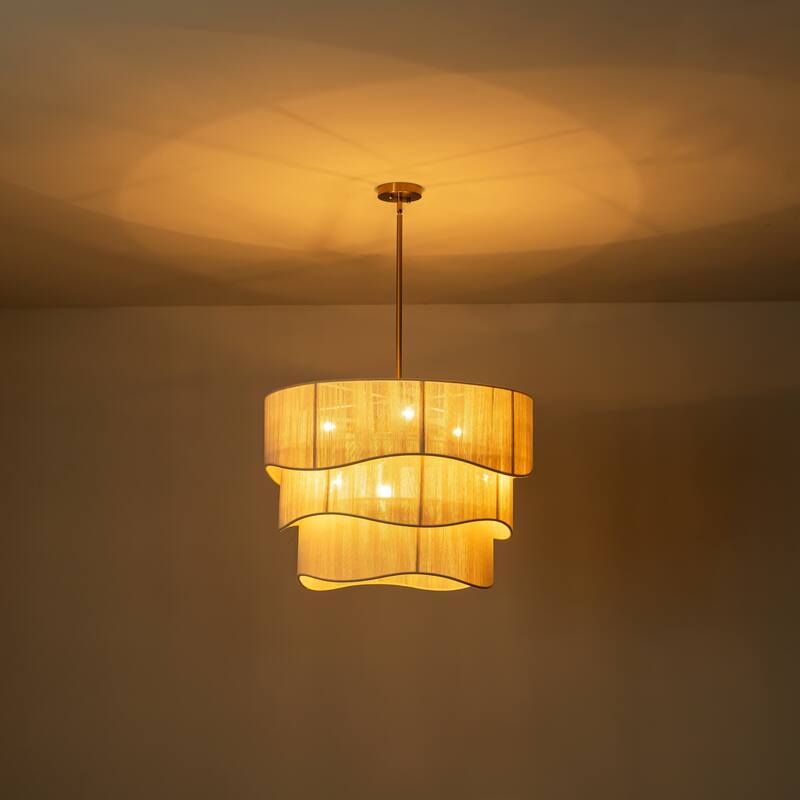 Rennnsan 6-Light Modern Farmhouse Drum Chandelier Handwoven Ivory Rope 3-Tiered Fabric Chandelier for Dining Room