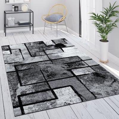 Modern Black-White Area Rug with Abstract Paint Effect