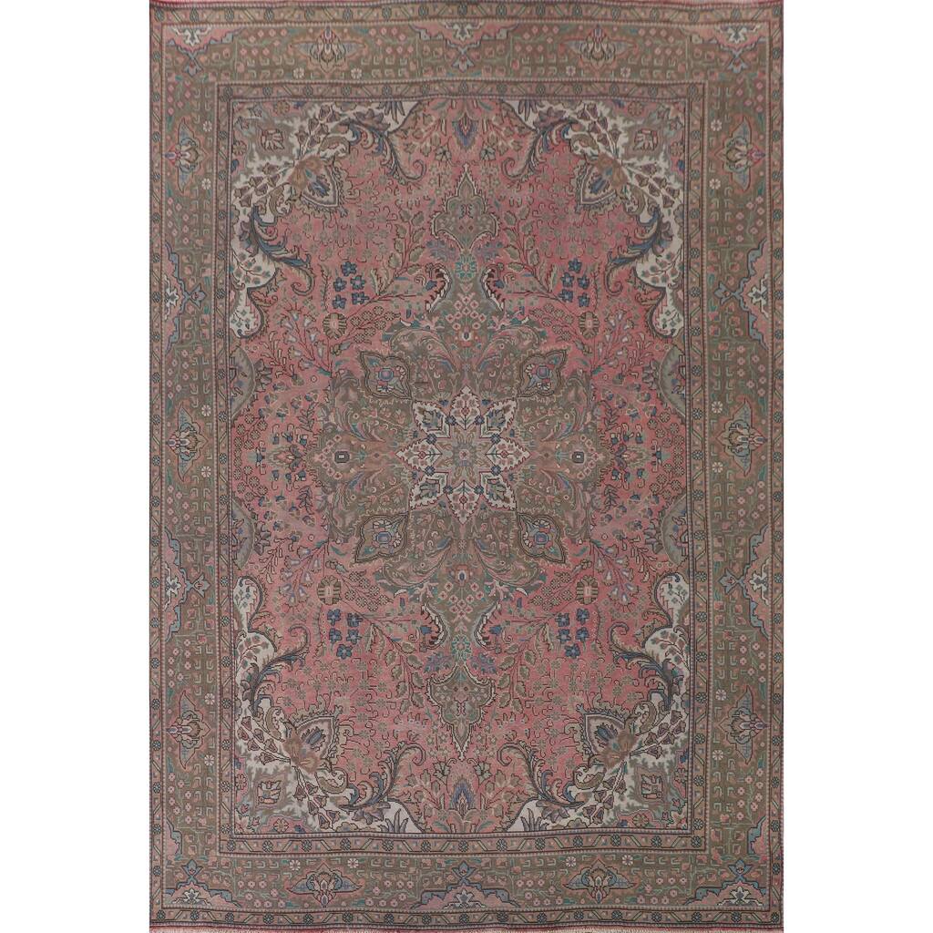 Pink Tabriz Persian Vintage Rug Hand-Knotted Wool Carpet - 9'7"x 12'11"