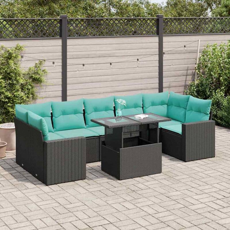 vidaXL Patio Sofa Set with Cushions and Table Outdoor 8 Piece Poly Rattan - 24.4 x 24.4 x 27.2 - Black with storage
