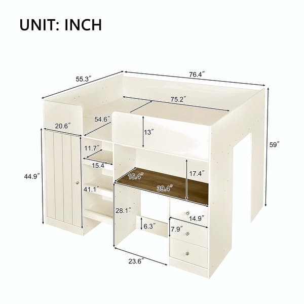 Wood Full Size Loft Bed with Built-in Wardrobe, Desk, Storage Shelves and Drawers