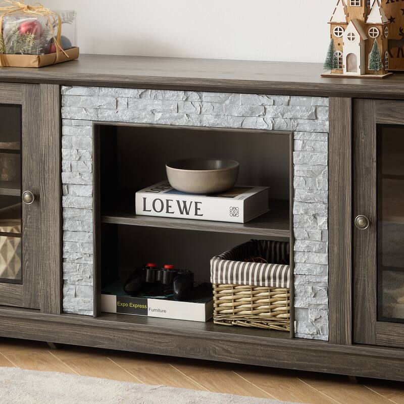 Classic TV Stand Entertainment Center for up to 65" TVs, Faux Stone Media Console Cabinet for Living Room
