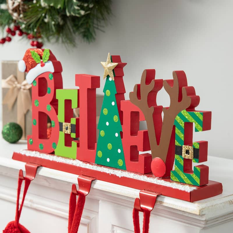 Glitzhome 7.75" H Wooden/Metal BELIEVE Christmas Stocking Holder Mantel Ornament