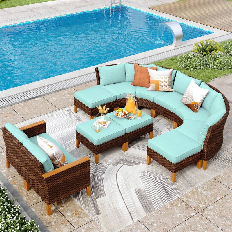 12-Seat Outdoor Wicker Half-Round Furniture Set, Half-Moon Sectional Sofa All Weather Curved Conversation Set - 11-Seat - Type P